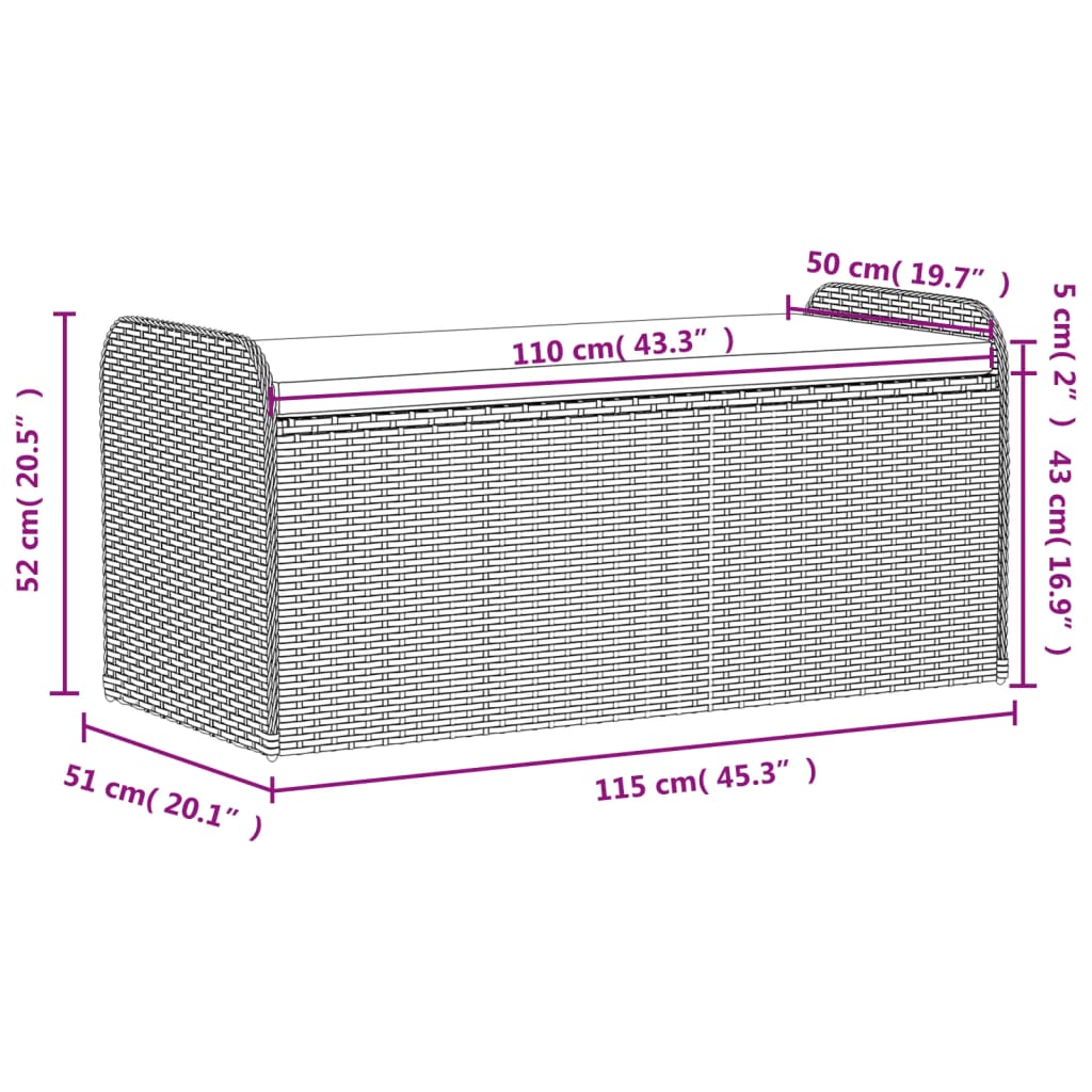 Opbergbankje met kussen 115x51x52 cm poly rattan bruin