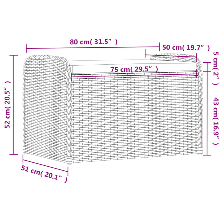 Opbergbankje met kussen 80x51x52 cm poly rattan grijs