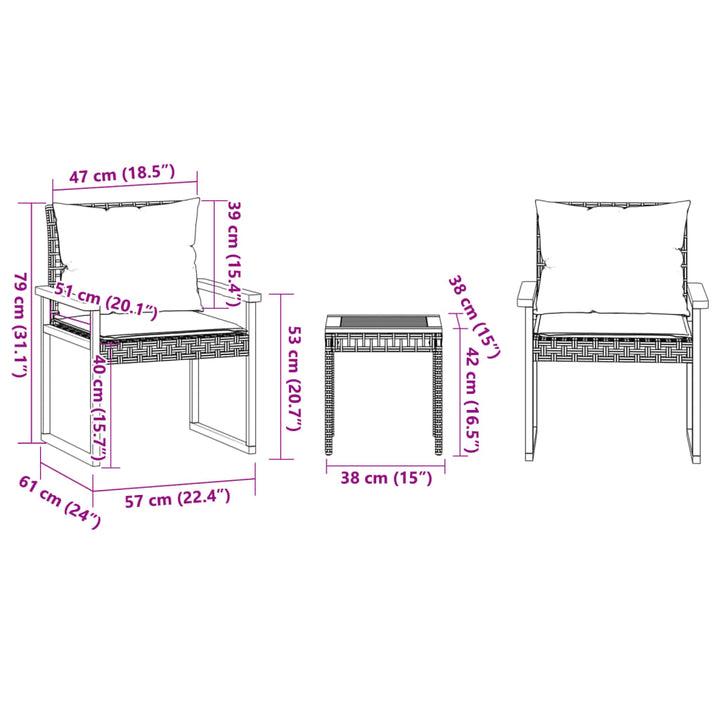 3-delige Bistroset en kussens poly rattan en hout gemengd beige