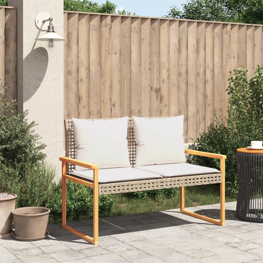 Tuinbankje met kussen poly rattan en acaciahout gemengd beige