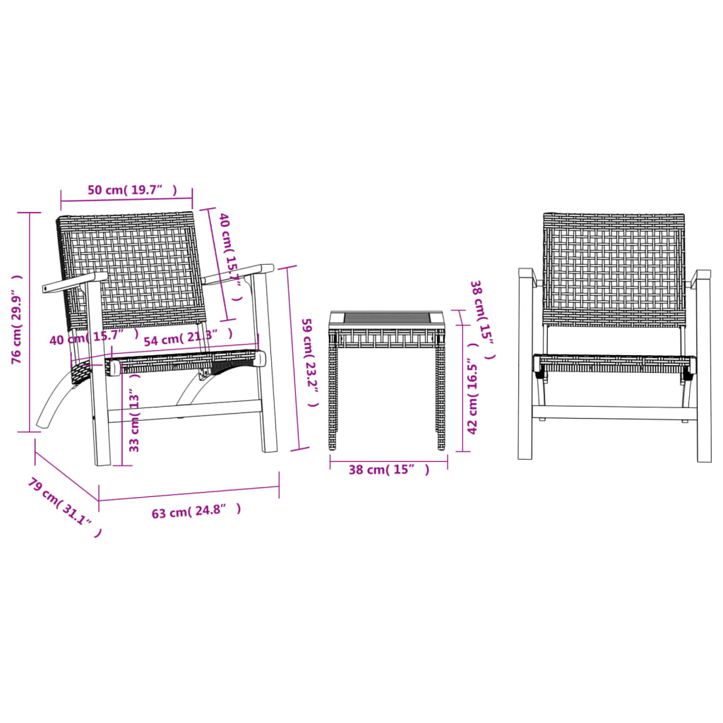 3-delige Bistroset poly rattan en massief acaciahout beige