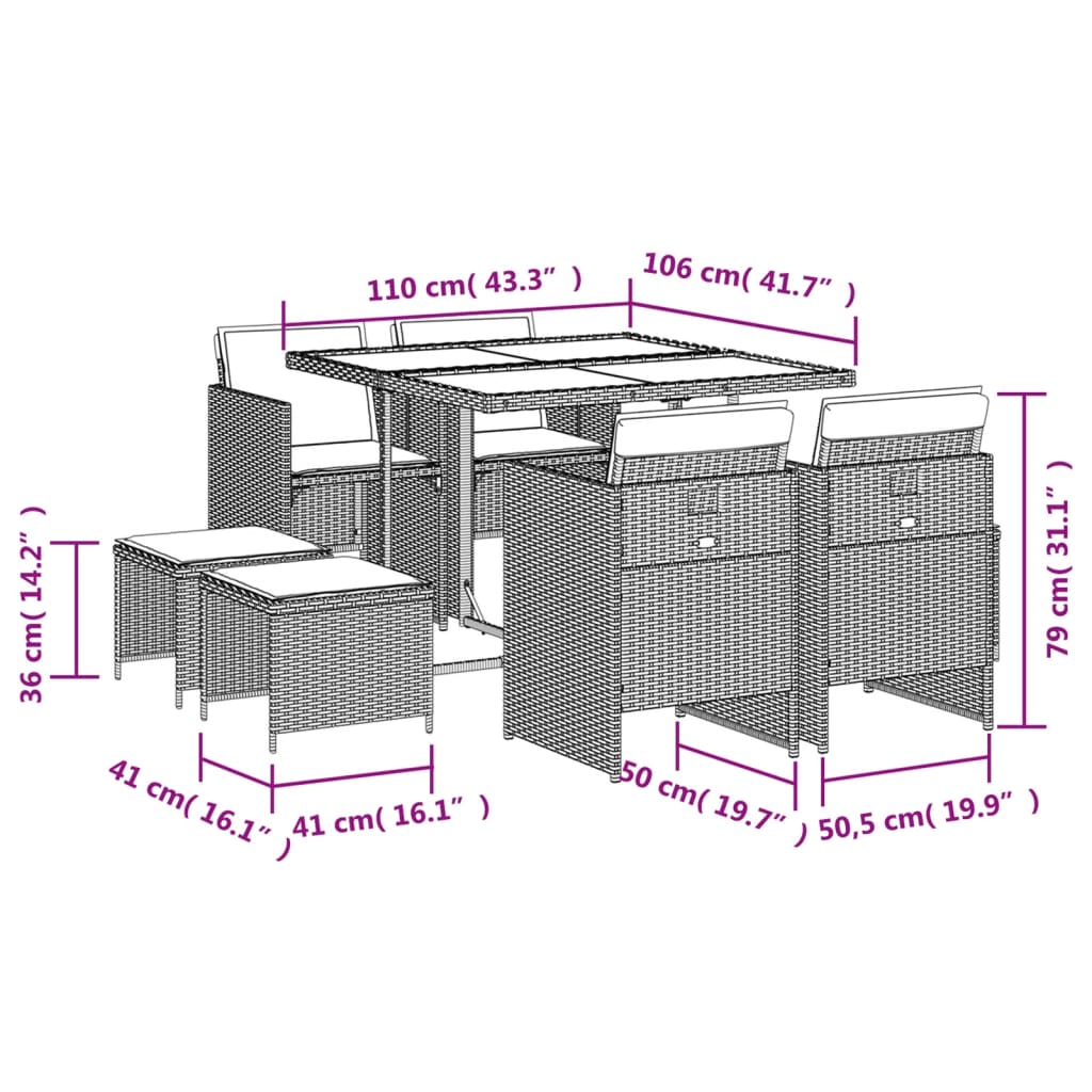 9-delige Tuinset met kussens poly rattan grijs