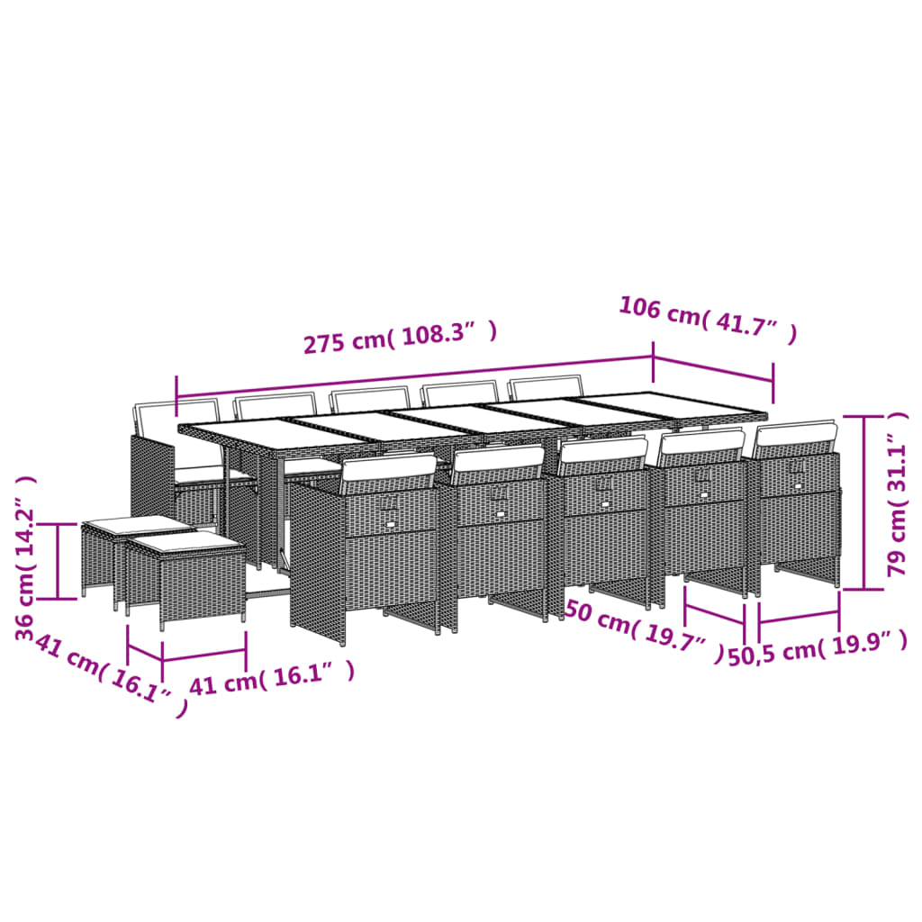 15-delige Tuinset met kussens poly rattan grijs