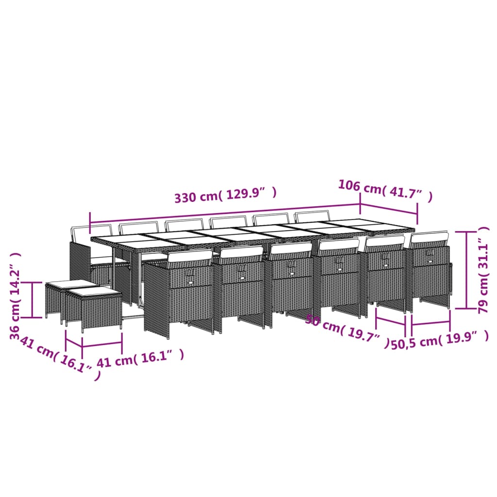 17-delige Tuinset met kussens poly rattan bruin