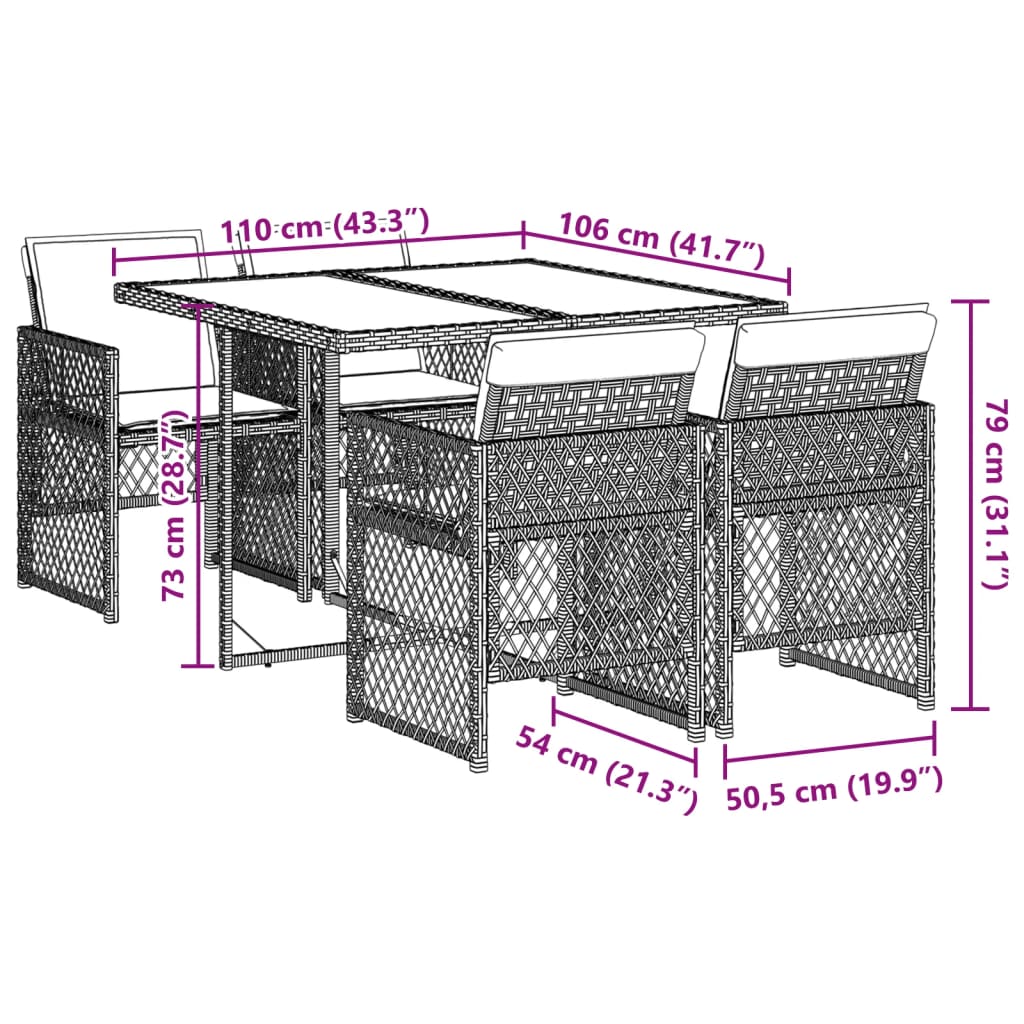 5-delige Tuinset met kussens poly rattan zwart