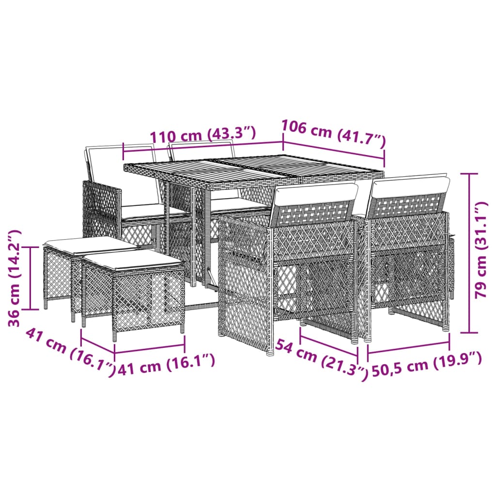 9-delige Tuinset met kussens poly rattan grijs