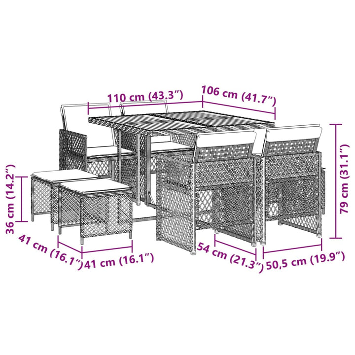 9-delige Tuinset met kussens poly rattan grijs