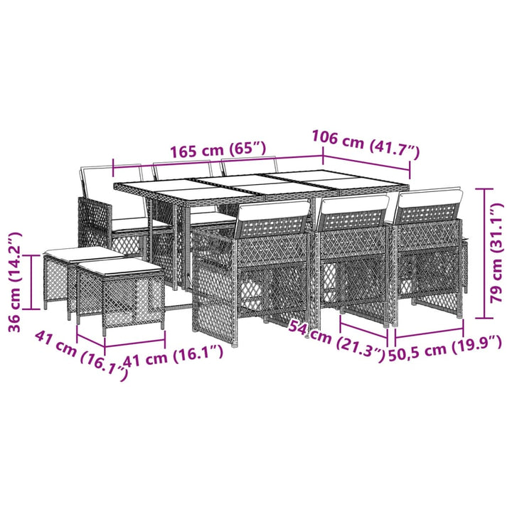 11-delige Tuinset met kussens poly rattan bruin