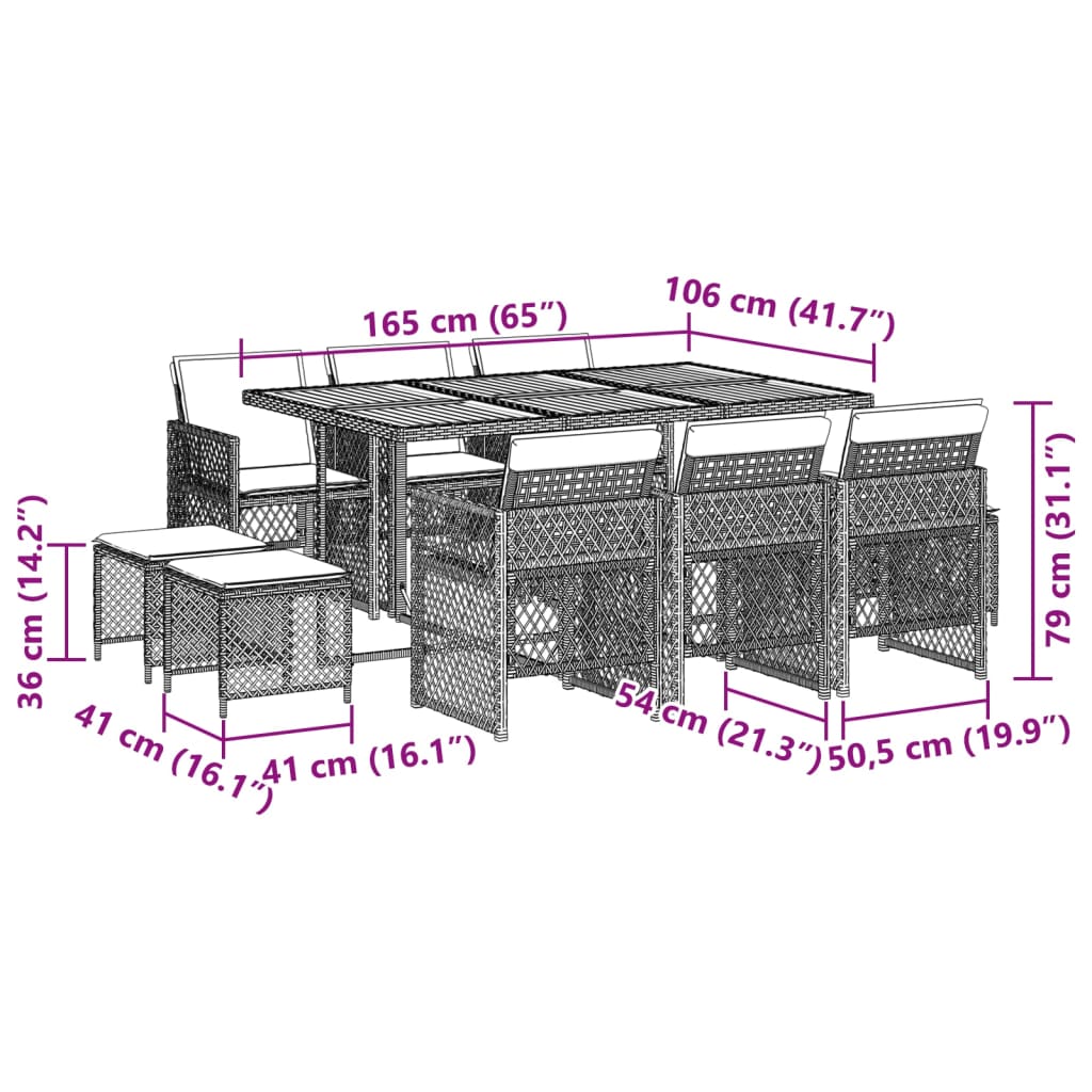 11-delige Tuinset met kussens poly rattan grijs