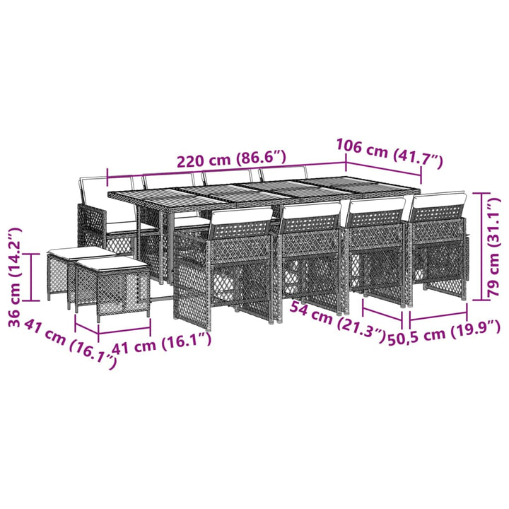 13-delige Tuinset met kussens poly rattan grijs