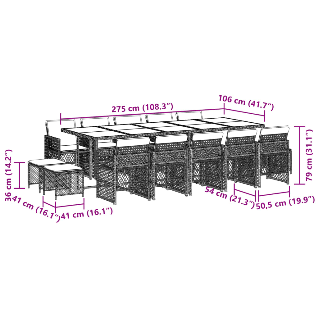 15-delige Tuinset met kussens poly rattan grijs