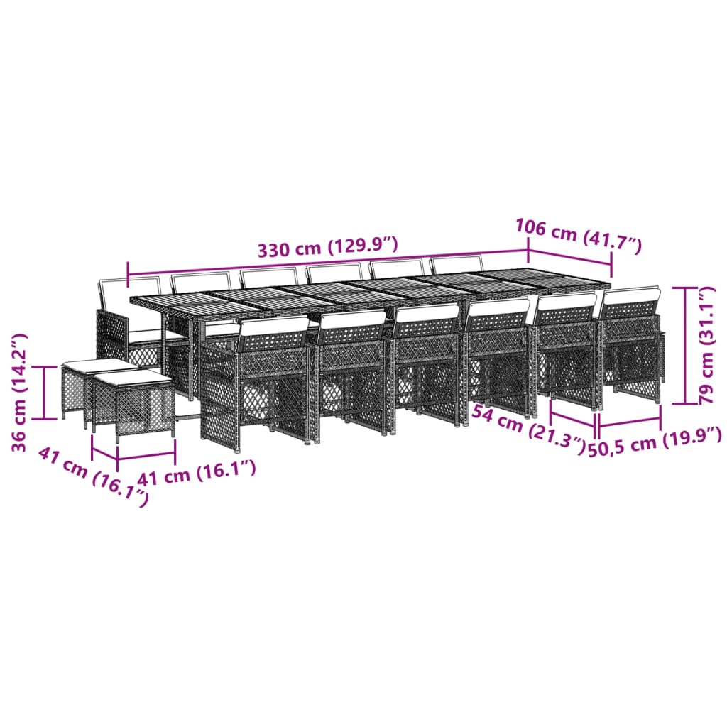 17-delige Tuinset met kussens poly rattan grijs