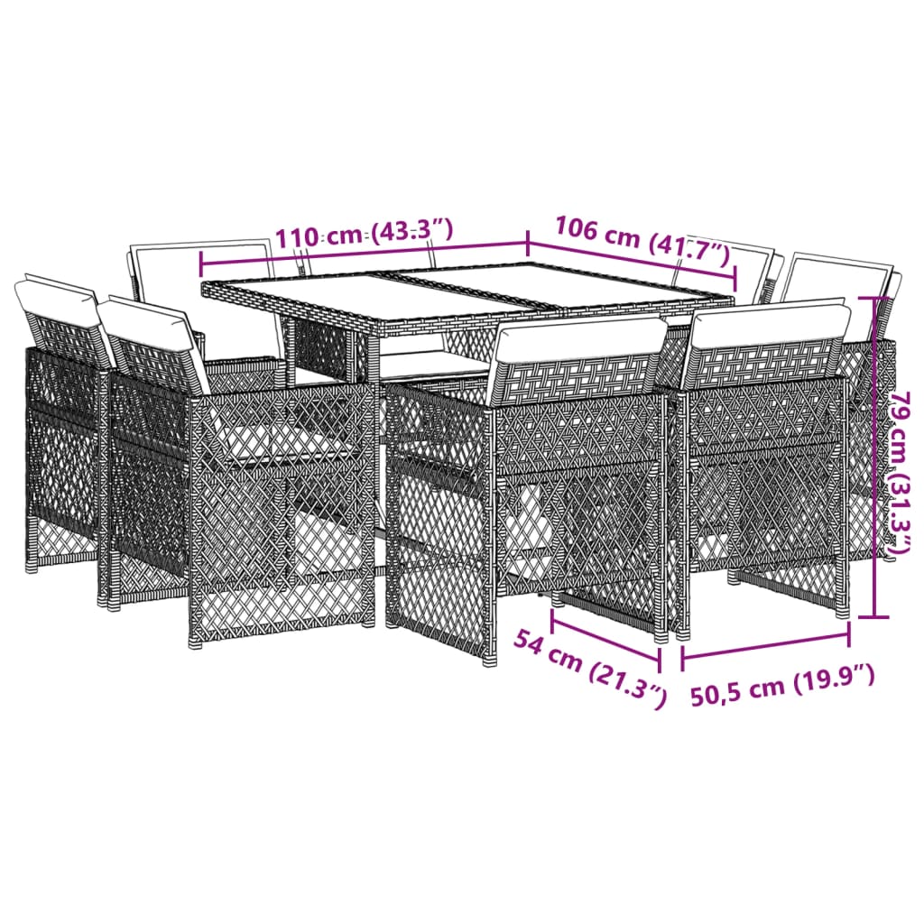 9-delige Tuinset met kussens poly rattan lichtgrijs