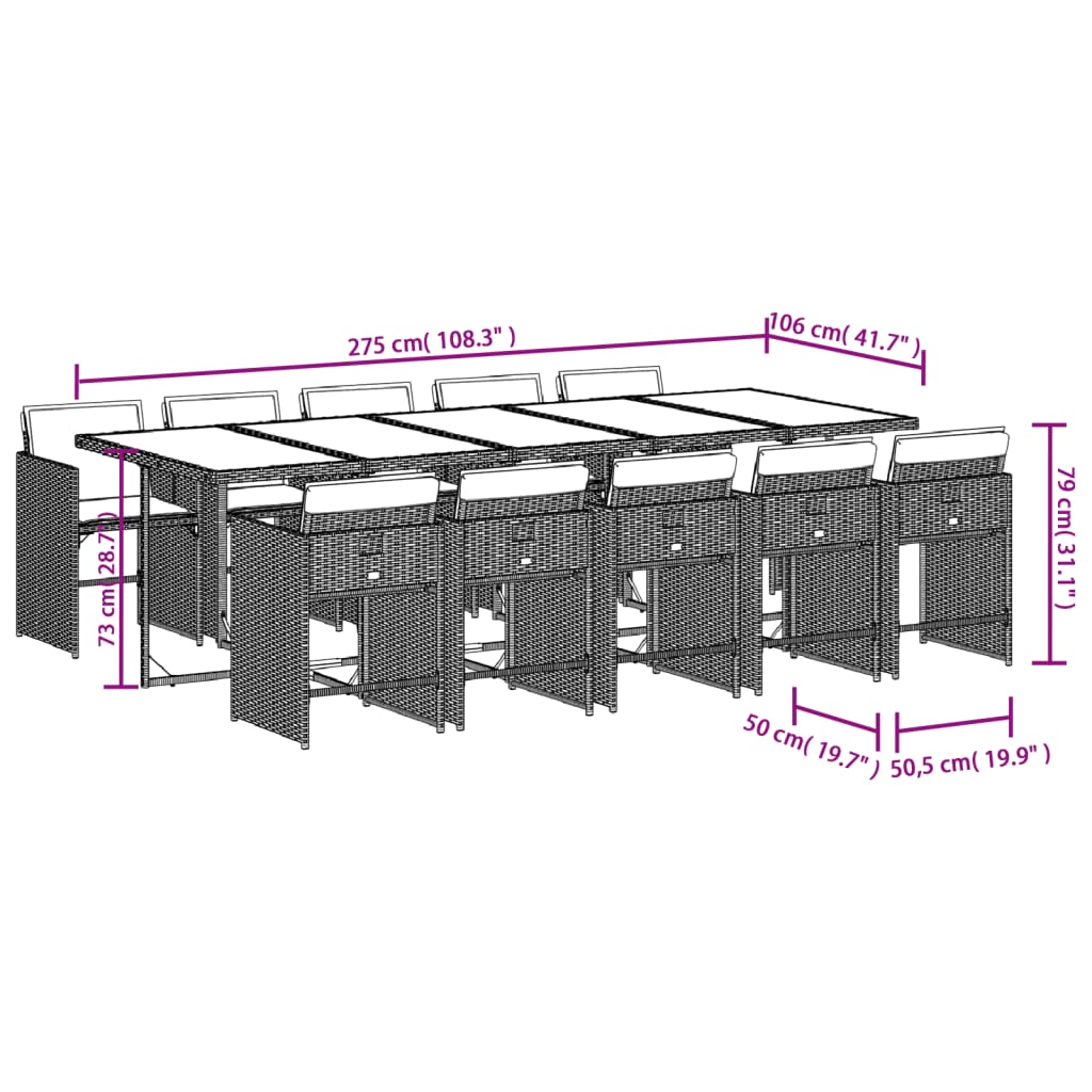 11-delige Tuinset met kussens poly rattan grijs