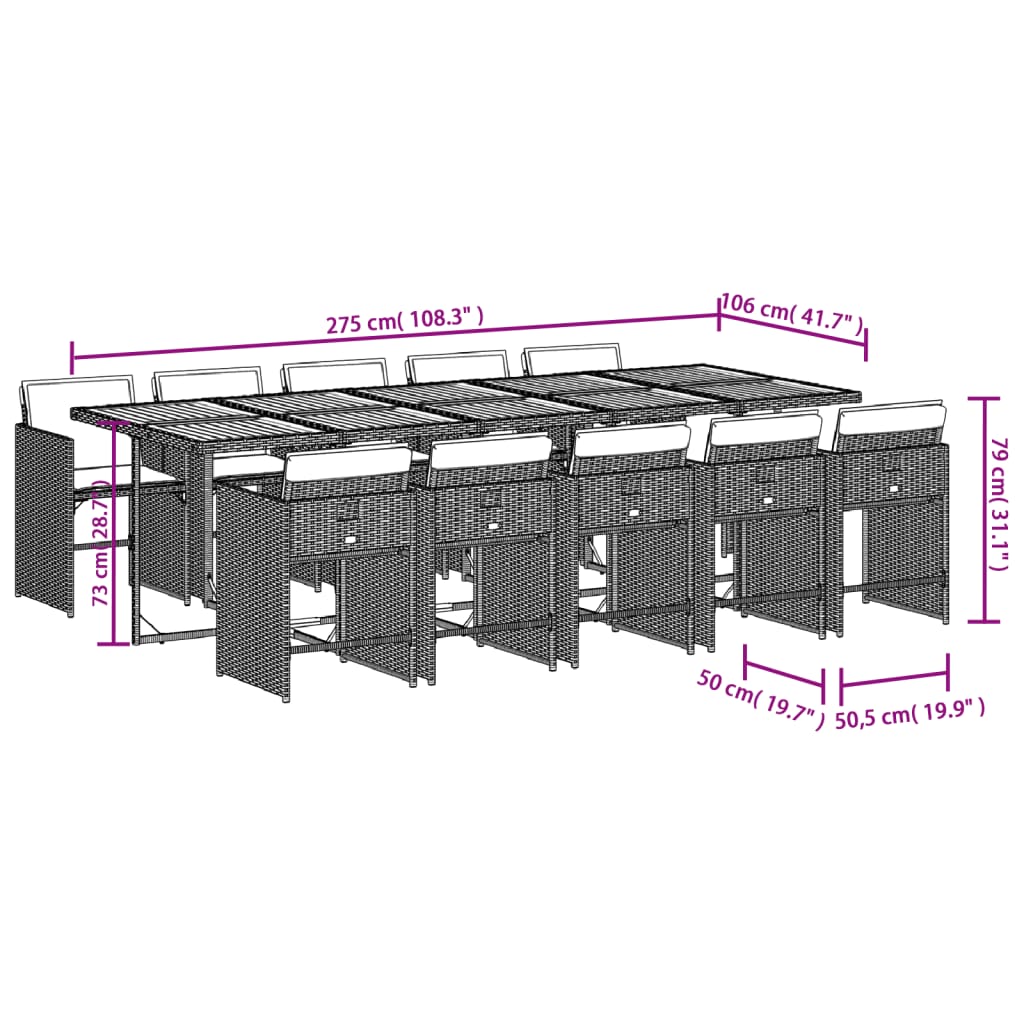 11-delige Tuinset met kussens poly rattan grijs