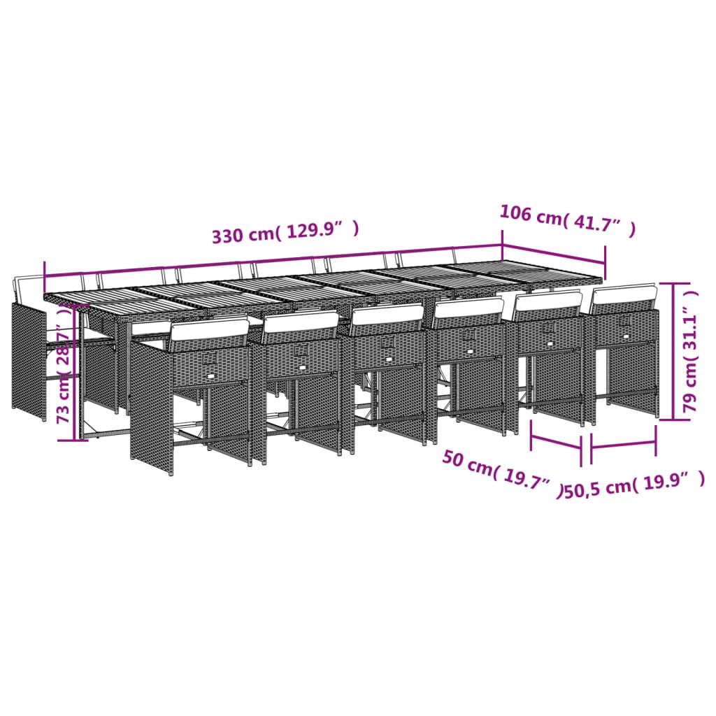 13-delige Tuinset met kussens poly rattan grijs