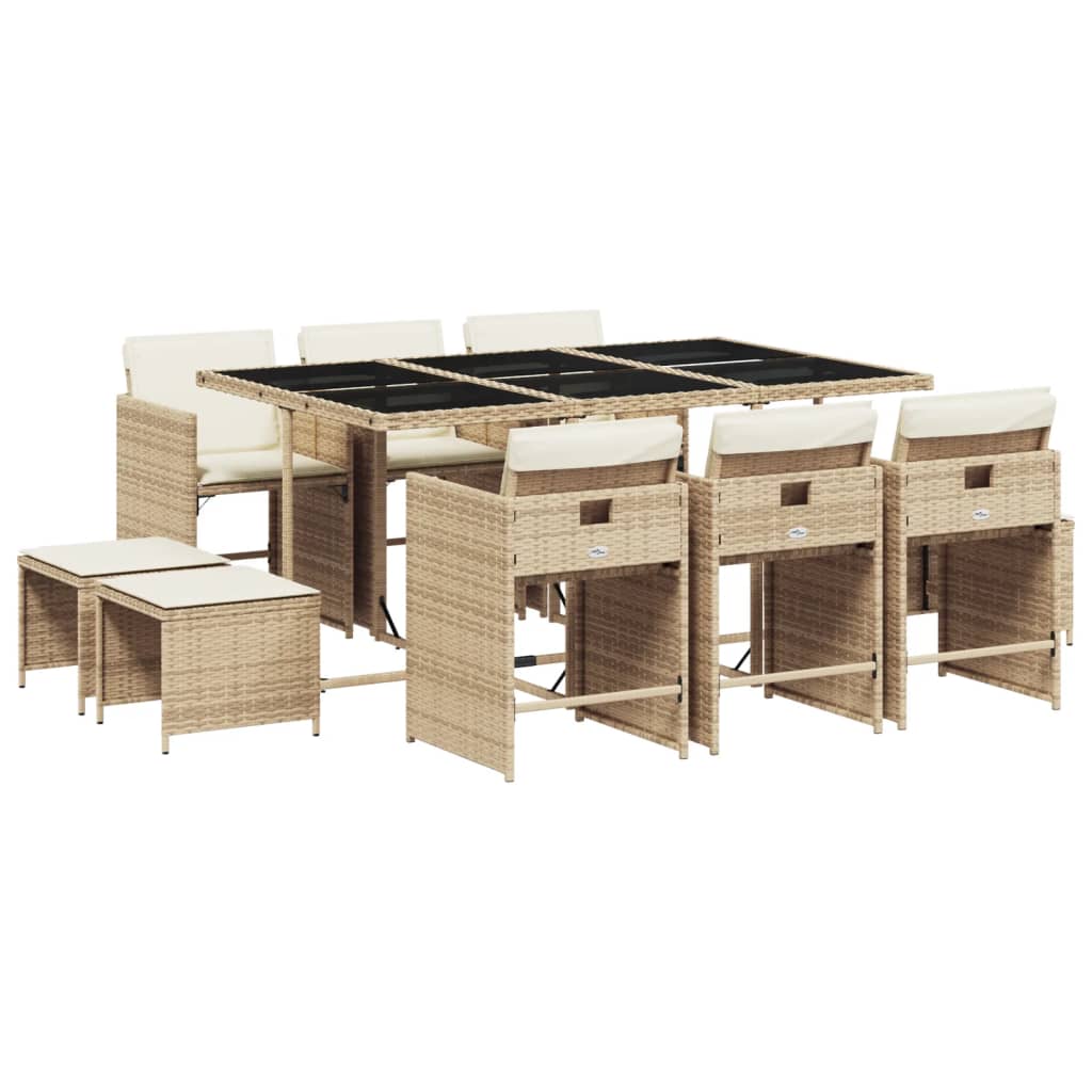 11-delige Tuinset met kussens poly rattan beige