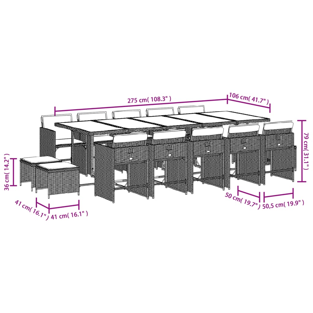 15-delige Tuinset met kussens poly rattan bruin