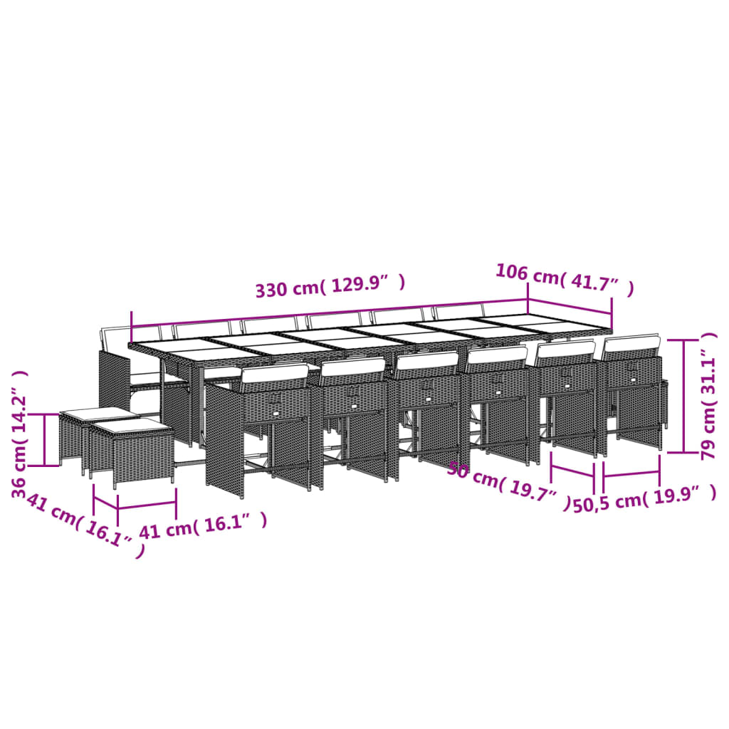 17-delige Tuinset met kussens poly rattan grijs