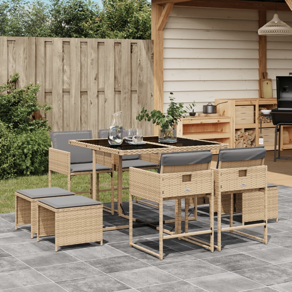 9-delige Tuinset met kussens poly rattan gemengd beige