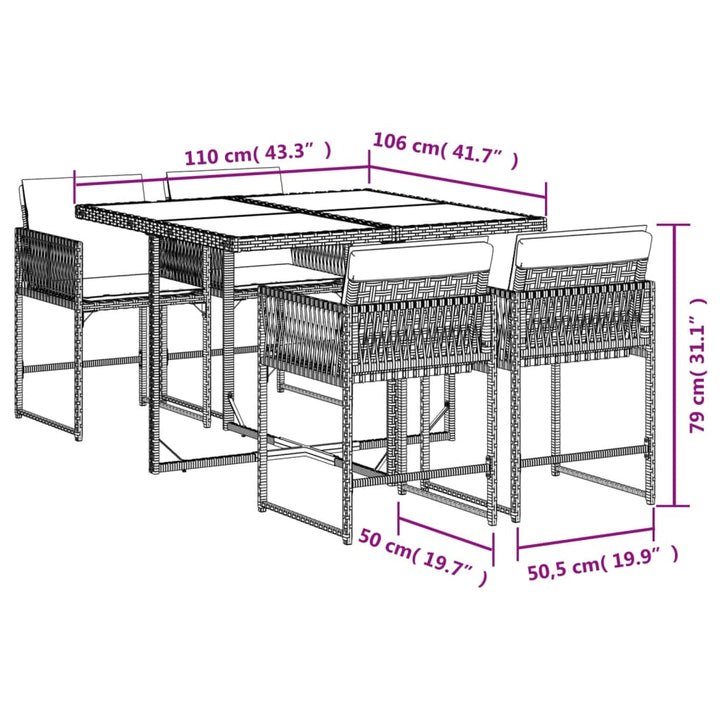 5-delige Tuinset met kussens poly rattan zwart