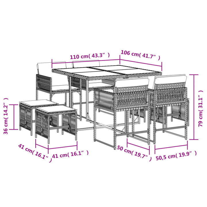 9-delige Tuinset met kussens poly rattan grijs