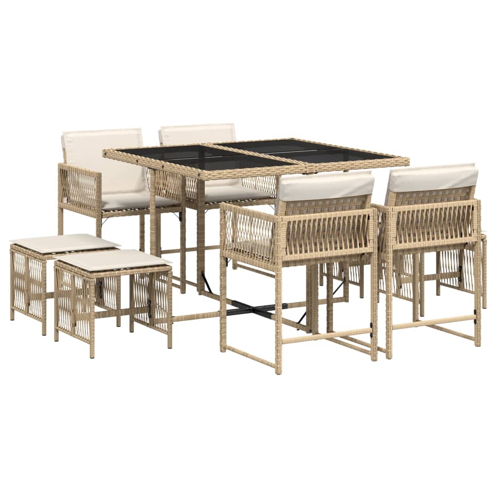 9-delige Tuinset met kussens poly rattan beige