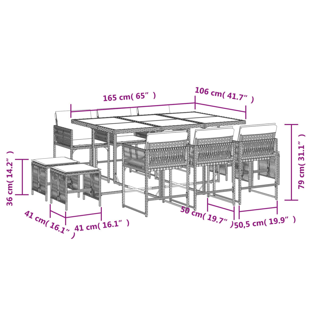 11-delige Tuinset met kussens poly rattan bruin