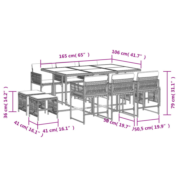 11-delige Tuinset met kussens poly rattan grijs