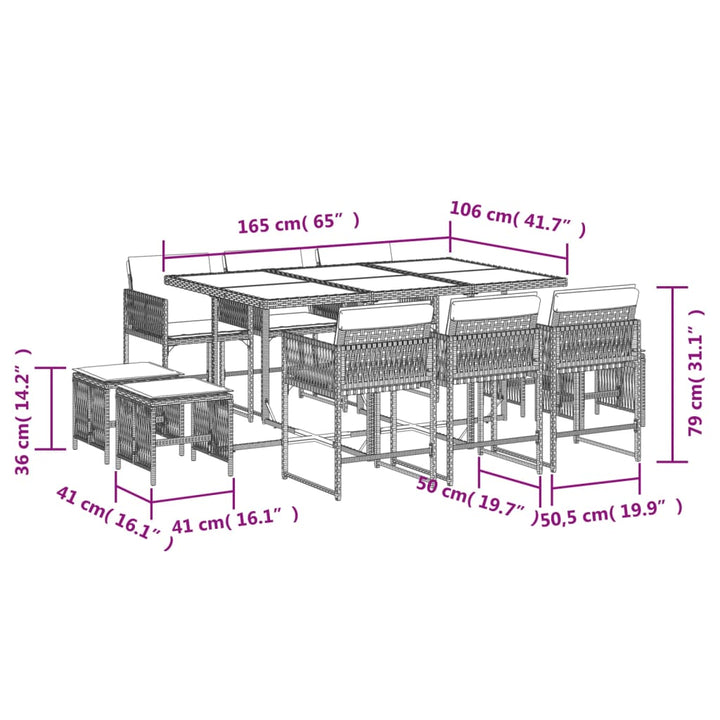 11-delige Tuinset met kussens poly rattan beige