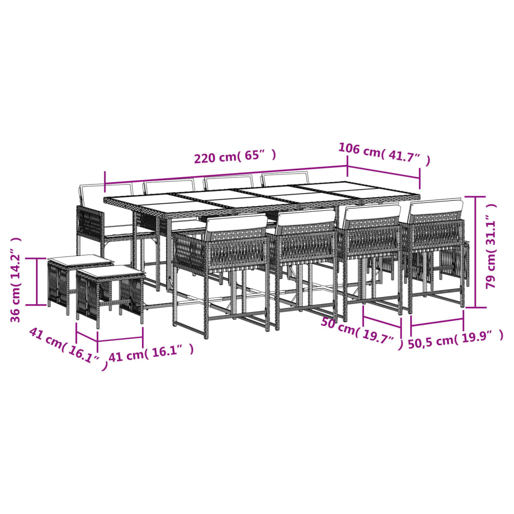 13-delige Tuinset met kussens poly rattan bruin