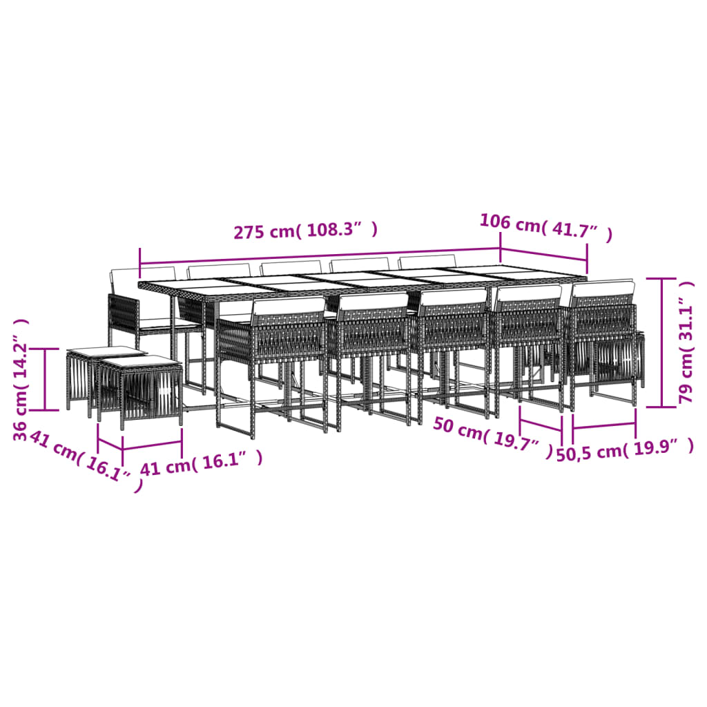 15-delige Tuinset met kussens poly rattan zwart