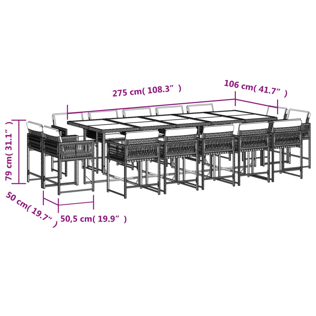 15-delige Tuinset met kussens poly rattan grijs