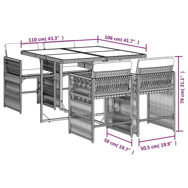 5-delige Tuinset met kussens poly rattan zwart