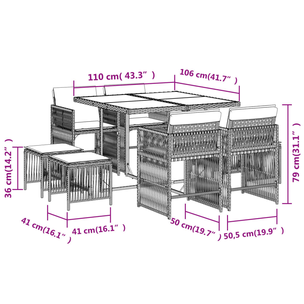 9-delige Tuinset met kussens poly rattan grijs