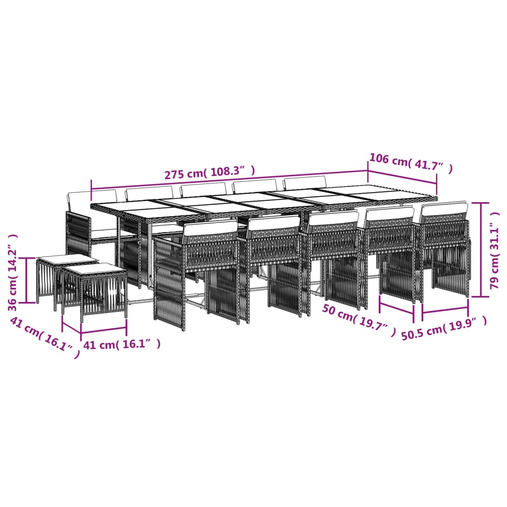 15-delige Tuinset met kussens poly rattan grijs