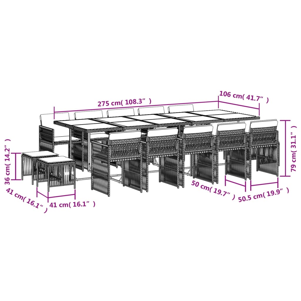 15-delige Tuinset met kussens poly rattan bruin