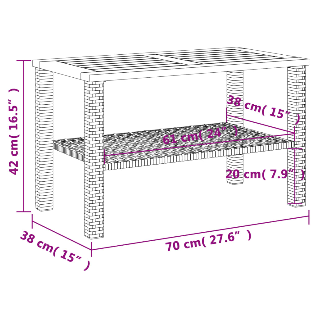 Tuintafel 70x38x42 cm poly rattan en acaciahout zwart