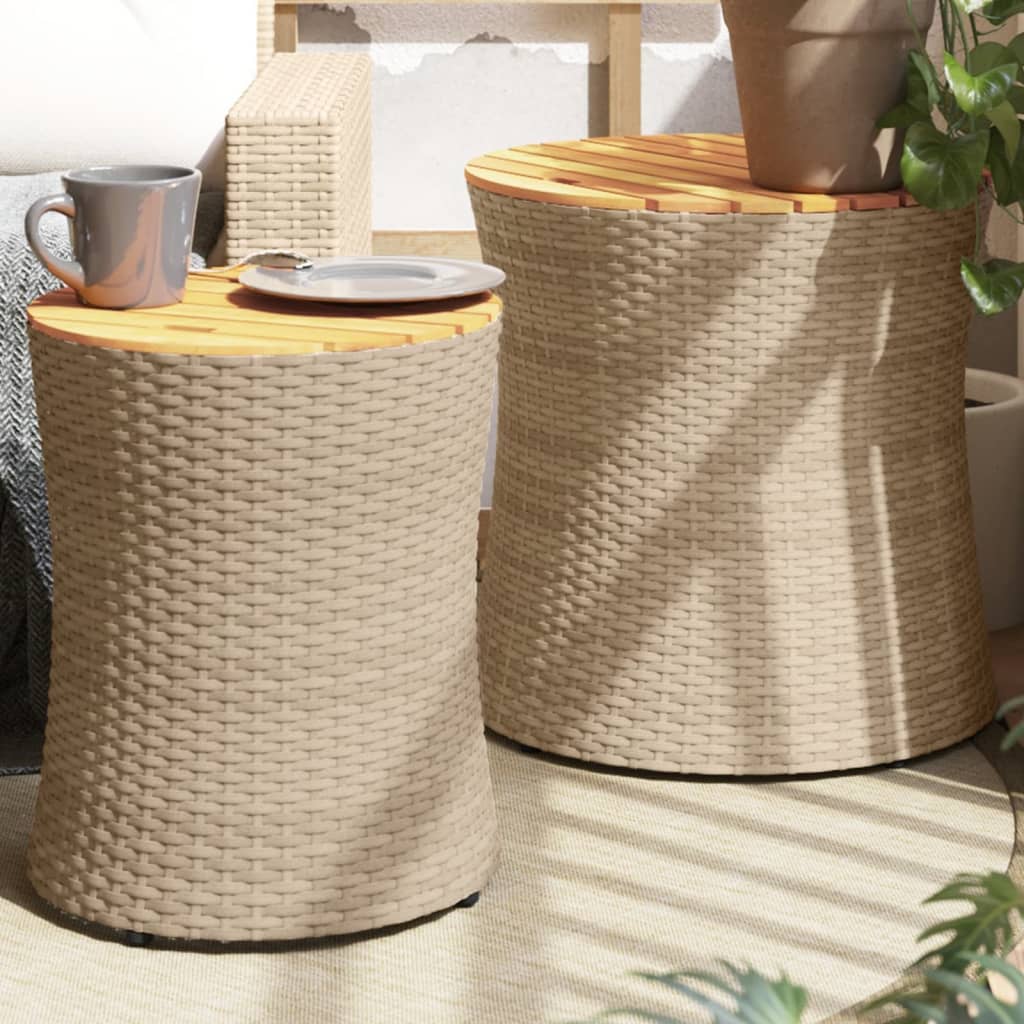 Tuinbijzettafels 2 st met houten blad poly rattan beige