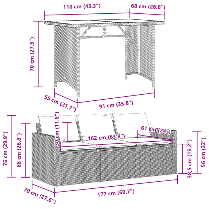 2-delige Tuinset met kussens poly rattan bruin