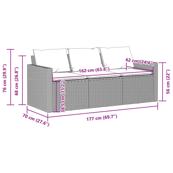 Tuinbank 3-zits met kussens poly rattan bruin