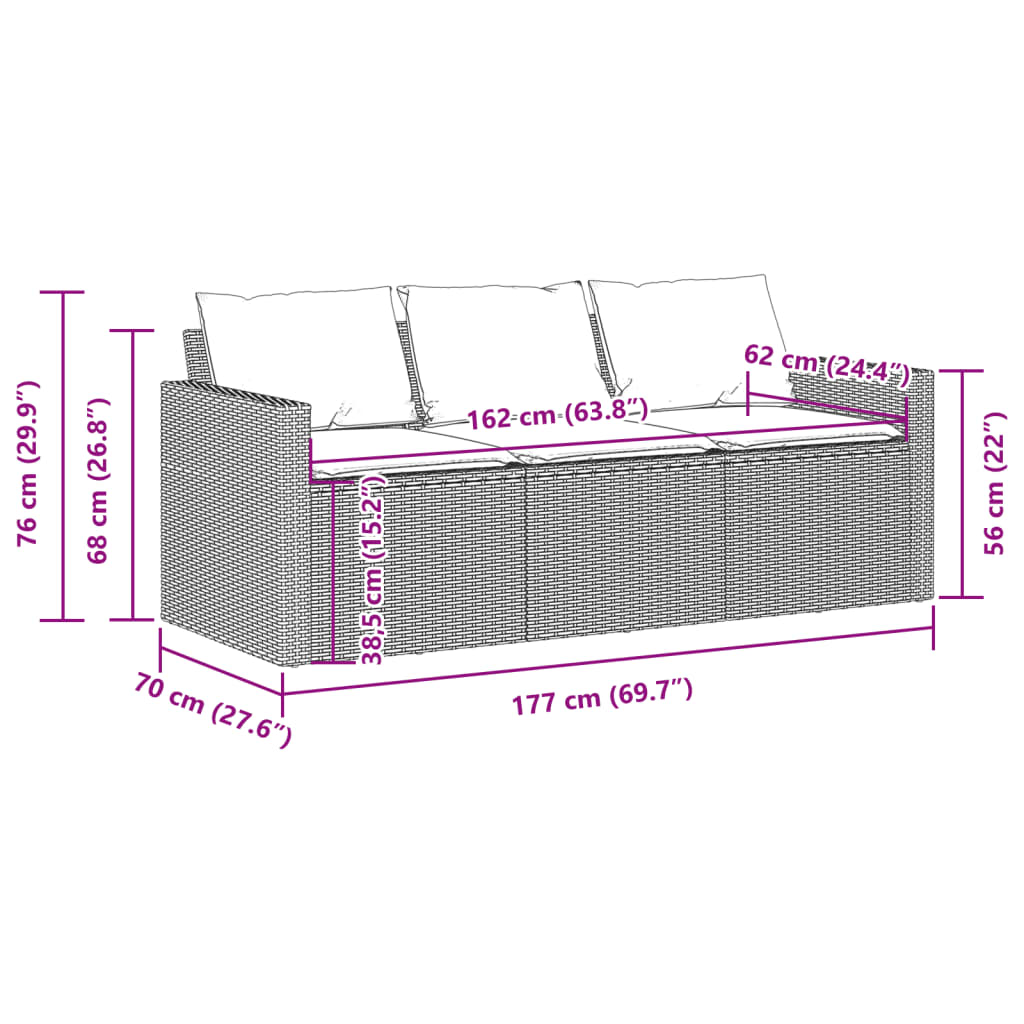 Tuinbank 3-zits met kussens poly rattan grijs