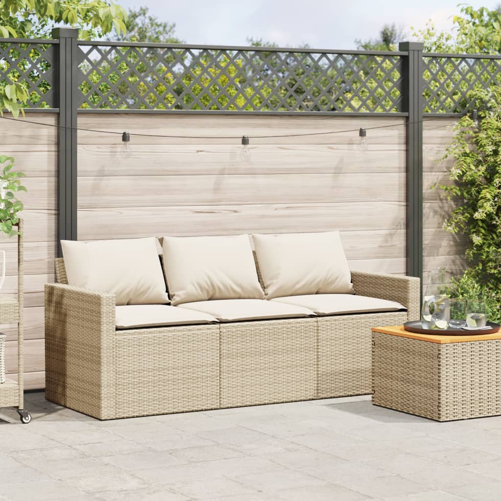 Tuinbank 3-zits met kussens poly rattan beige