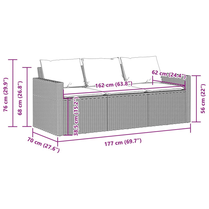 Tuinbank 3-zits met kussens poly rattan beige