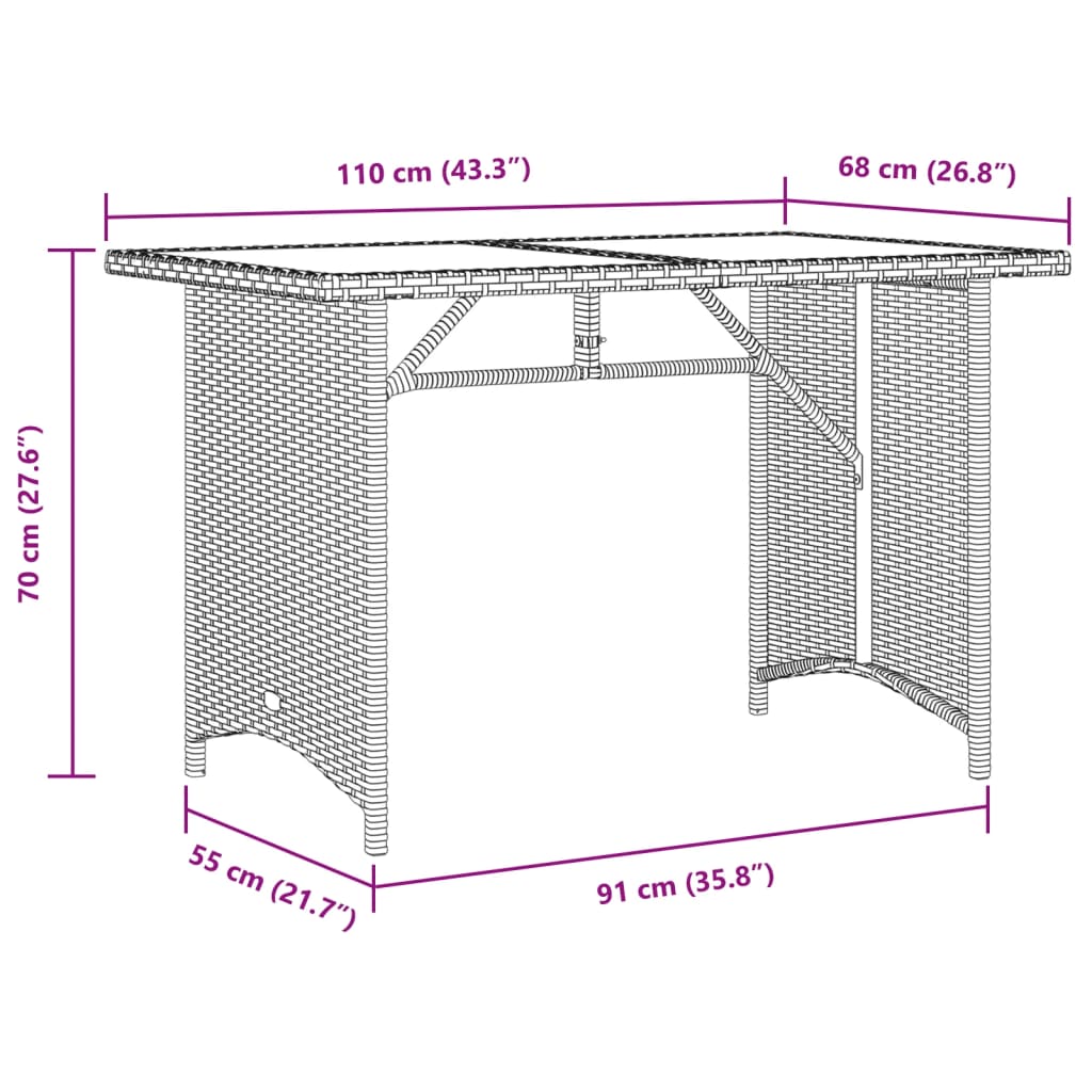 Tuintafel met glazen blad 110x68x70 cm poly rattan bruin