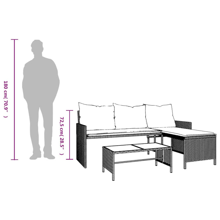 Tuinbank met tafel en kussens L-vormig poly rattan bruin