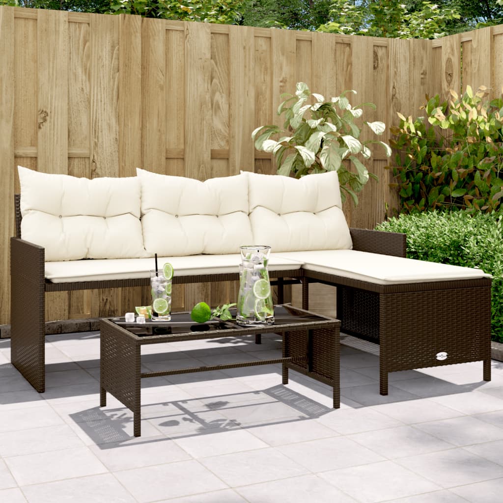 Tuinbank met tafel en kussens L-vormig poly rattan bruin