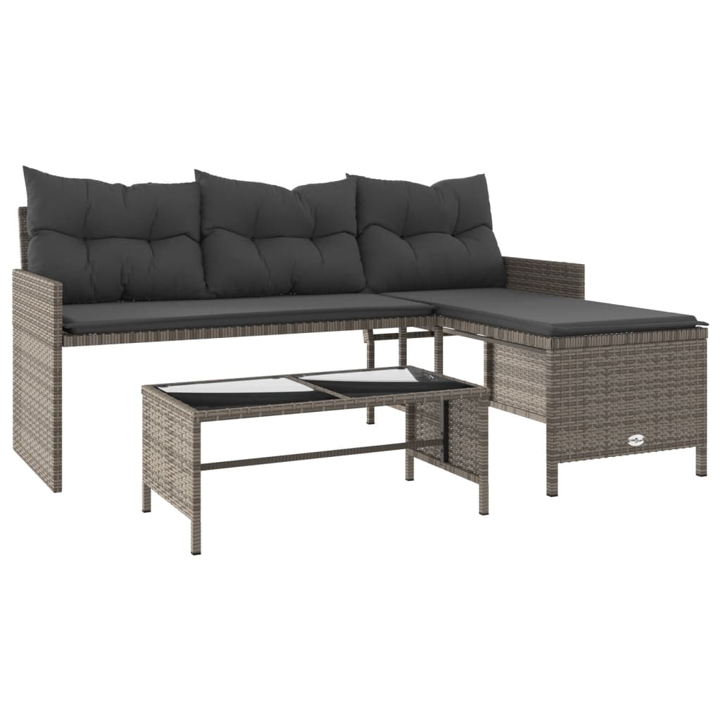 Tuinbank met tafel en kussens L-vormig poly rattan grijs