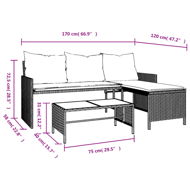 Tuinbank met tafel en kussens L-vormig poly rattan grijs