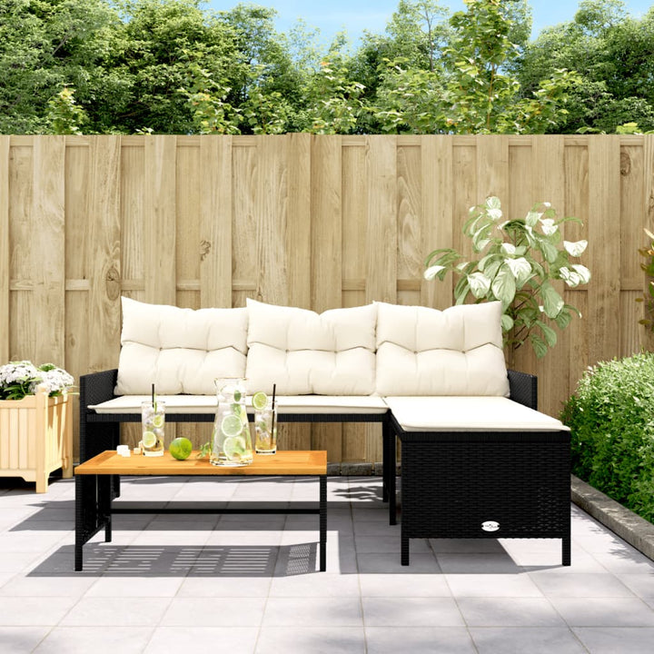 Tuinbank met tafel en kussens L-vormig poly rattan zwart